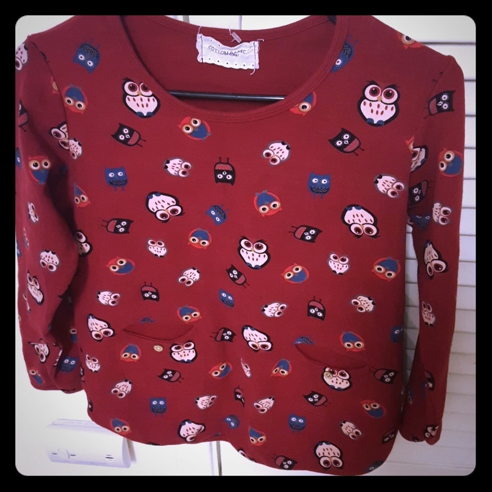 Cotton Basic 3/4 sleeve Owl print knit top